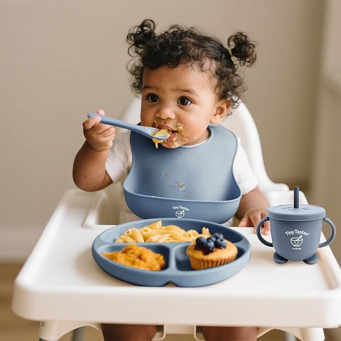 Tiny Tastes 10-Piece Silicone Baby Feeding Set – BPA-Free, Spill-Proof Suction Plate, Bowl, Bib, Snack Cup & Utensils | Dishwasher Safe, Baby Gift Ready (Blue)