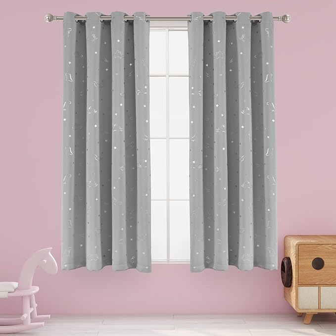 LORDTEX Dinosaur and Star Foil Print Blackout Curtains for Kids Room - Thermal Insulated Curtains Noise Reducing Window Drapes for Boys and Girls Bedroom, 52 x 63 Inch, Light Grey, Set of 2 Panels