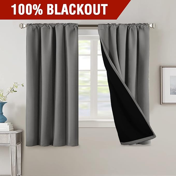 H.VERSAILTEX 100% Blackout Curtains for Bedroom with Black Liner Full Room Darkening Curtains Thermal Back Tab/Rod Pocket Window Treatment Drapes for Living Room, 2 Panels, 42 x 63 Inch, Grey