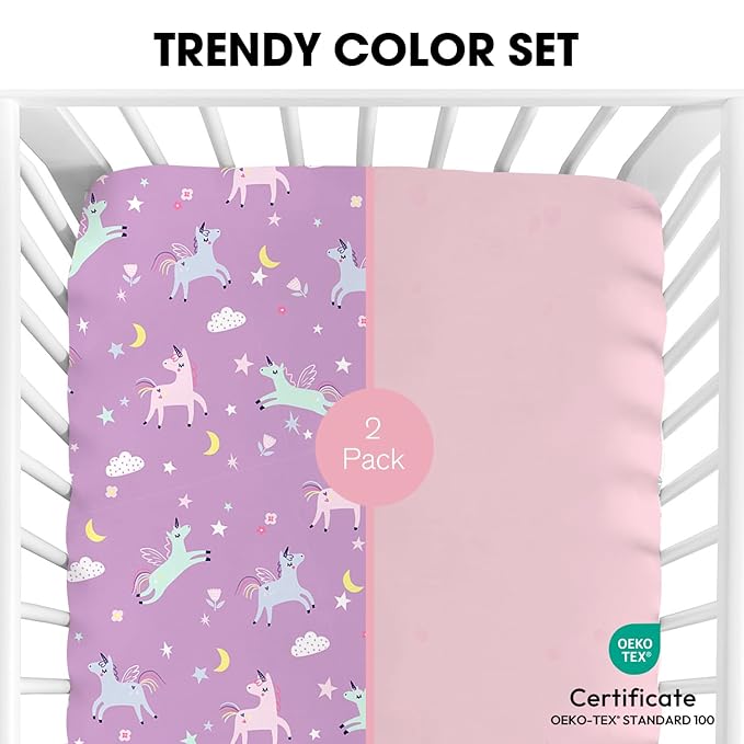 Little Grape Land Crib Sheets 2 Pack for Boys and Girls, Baby Neutral Crib Fitted Sheets for Standard Crib & Toddler Mattress, Super Soft Breathable Fitted Crib Sheet Set, Unicorn