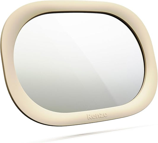Renzo Baby Car Mirror - Rear Facing Car Seat Mirror for Infants - Extra Large, Shatter-Resistant, 360° Adjustable, Tool-Free Installation - Fits Most Cars, SUVs & Trucks (Almond Cream)