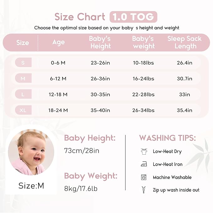 Yoofoss Rayon Made from Bamboo Baby Sleep Sack 6-12 Months 1.0 Tog Baby Wearable Blanket, Super Soft Infant Toddler Sleeping Sack 2-Way Zipper