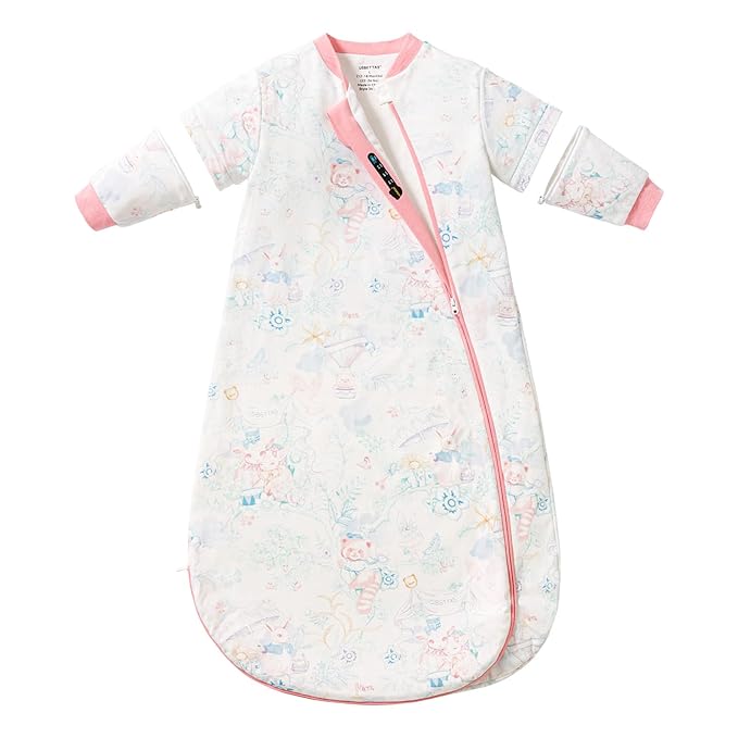 Baby Sleep Sack 18–24 Months, Cotton Sleep Sack with Detachable Long Sleeves, 1.0 TOG Wearable Blanket for Cooler Nights, 2-Way Zipper Toddler Sleeping Sack with Temperature Strip, Garden