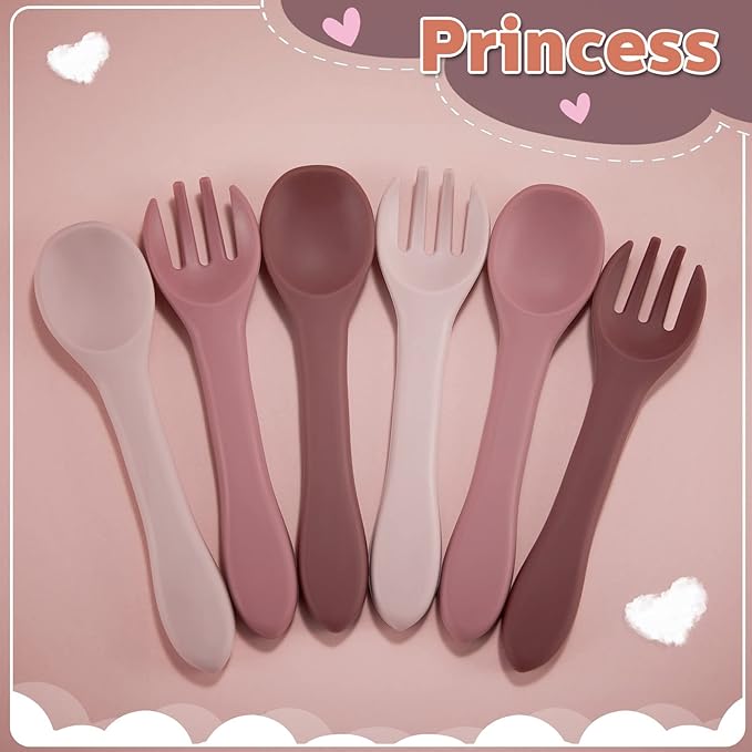 Nuenen 6 Pieces Silicone Baby Feeding Forks and Spoons Set Hot Safety First Stage Self Feeding Supplies Mini Kids Utensils for over 6 Months Babies Boy Girl Toddlers First Foods (Princess Color)
