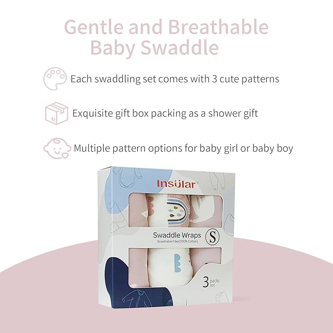 insular Baby Swaddle Wrap, Swaddle Blanket for Newborn and Infant, Adjustable Swaddling Set for Boy and Girl, Soft Cotton Baby Sleep Sack 3 Pack, Pink Swan, Medium(3-6 Month)