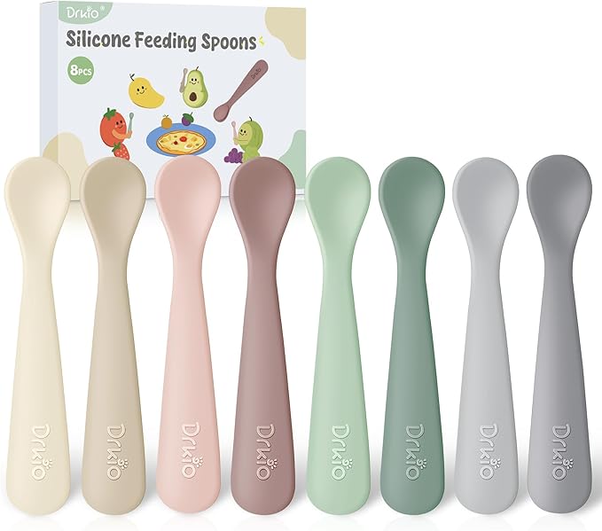 DRKIO 8-Piece Silicone Baby Spoons - Infant Spoons First Stage Self Feeding Baby Led Weaning Supplies Toddler Training Utensils Soft Chewable-Tip BPA-Free Dishwasher Safe Boil-proof