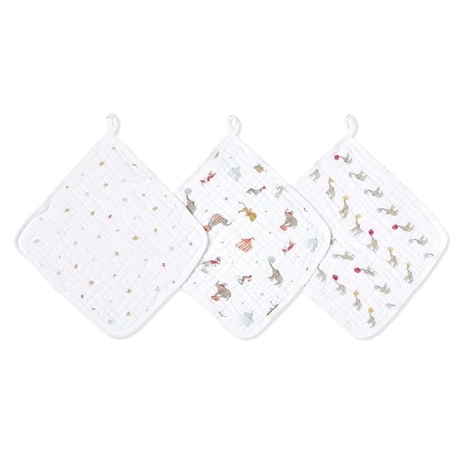 aden + anais Essentials Washcloth 3-Pack, Super Soft 100% Cotton Muslin, Gentle on Skin, 3 Absorbent 11x11 Layers, Softer with Every Use, Perfect for Babies, Infants, Toddlers, Elephant Circus