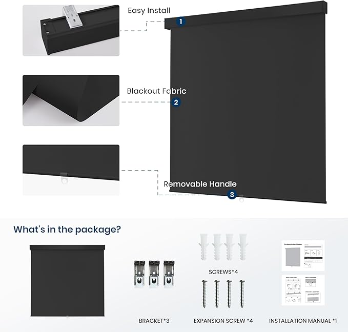 Blackout Cordless Roller Shades Blinds for Windows,Free-Stop Window Shades Pull Down,Blackout Blinds for Indoor Windows,Home,Office,Thermal Insulated Fabric, UV Protection,Black,27" W x 72" H