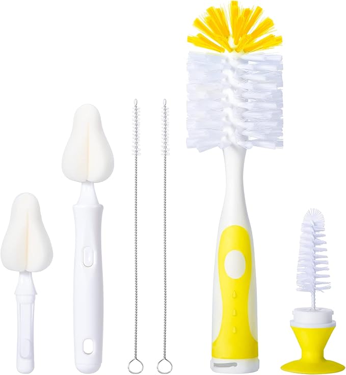 CAREBABYMORE Baby Bottle Brush Set with Nipple Cleaner and Suction, 10.2" Cleaning Brush and 6.5" Sponge Bottle Brush with A Replacement Brush Head and Two 6.7" Straw Brushes, Pack of 5 (Yellow)