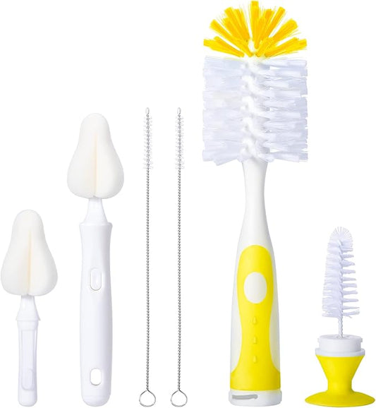CAREBABYMORE Baby Bottle Brush Set with Nipple Cleaner and Suction, 10.2" Cleaning Brush and 6.5" Sponge Bottle Brush with A Replacement Brush Head and Two 6.7" Straw Brushes, Pack of 5 (Yellow)