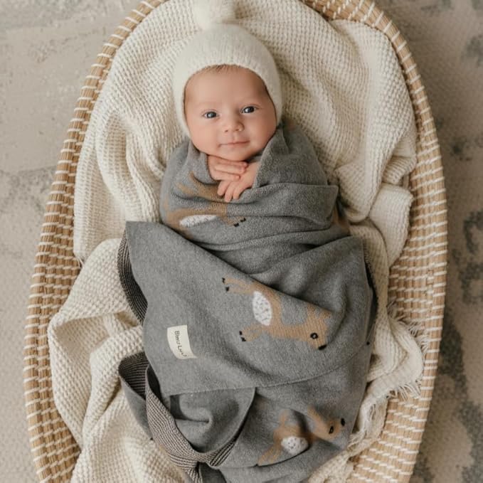 Knit Baby Swaddle Blanket - 100% Cotton Soft Cozy Receiving Swaddling Crib Stroller Quilt Blanket for Shower Gift Registry for Newborns, Infants, Toddlers, Unisex (Deer - Grey)