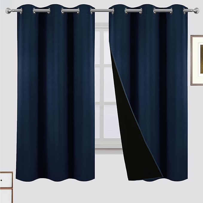 LEMOMO 100% Blackout Curtains 42 x 63 Inch Navy Blue Curtains 2 Panels Darkening Thermal Insulated Bedroom Curtains