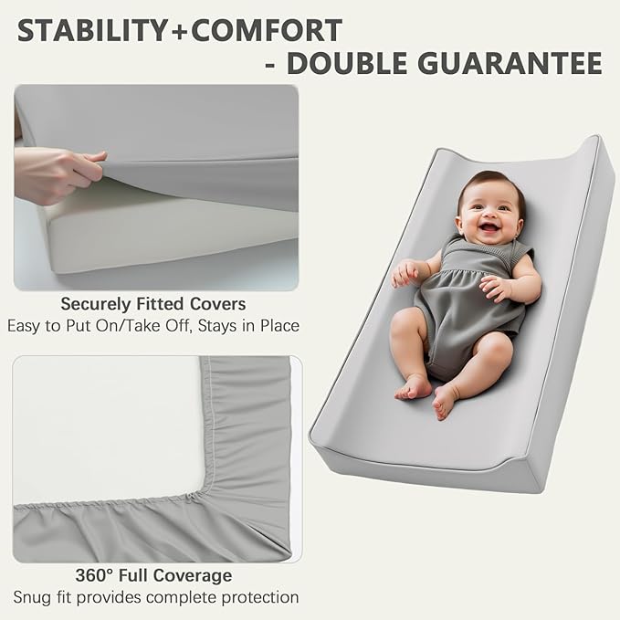 Vegan Leather Changing Pad Cover - 31"X 16" - Waterproof Wipeable, Extra Thick & Portable & Non-Slip Diaper Mat - Fits Standard Changing Tables for Baby Boy Girl (Gray)
