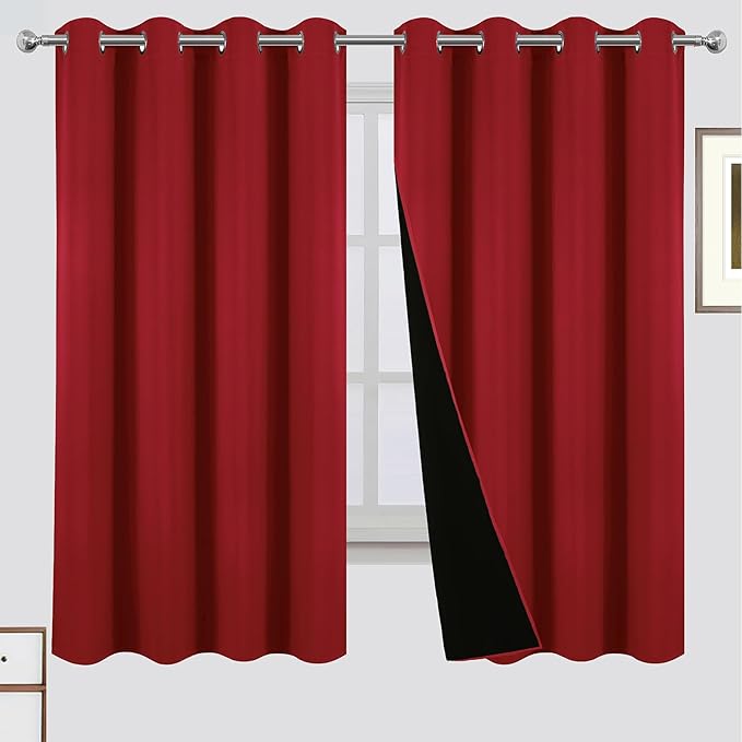 LEMOMO 100% Blackout Curtains 52 x 63 Inch Red Curtains 2 Panels Darkening Thermal Insulated Bedroom Curtains
