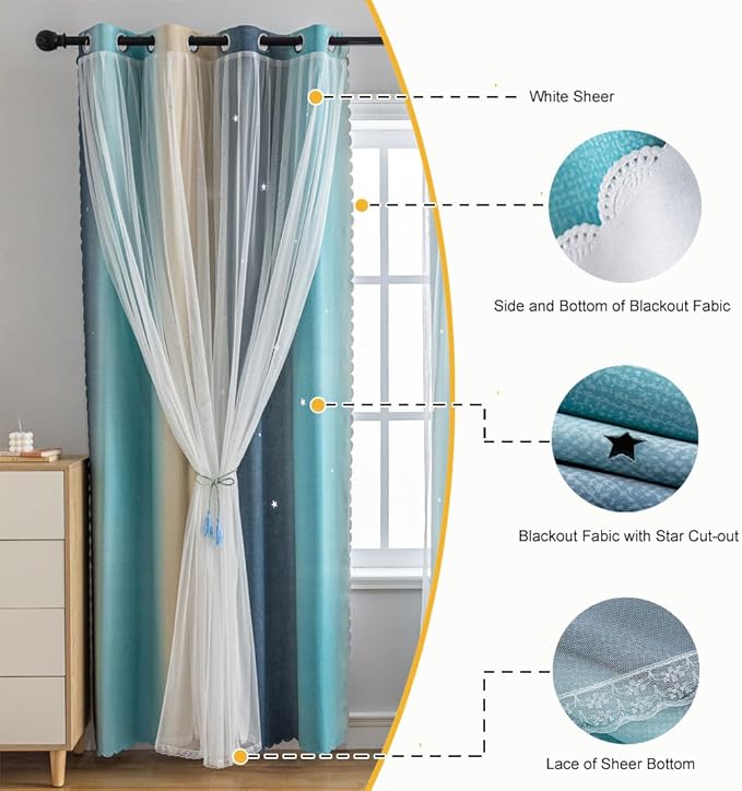 Star Girl and Kids Curtains for Bedroom Rainbow Ombre Double Layer Cute Shot Nursery Darkening Grommet Princess Room Décor 2 Panels Living Room Window Curtain (Blue Yellow52W x 84L