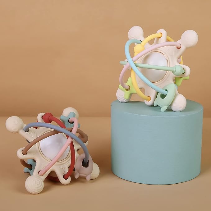 Baby Teething Toy for Babies 3-12 Months, Silicone Baby Teether Toys with Rattle, Rattle Sensory Teether Toy, Baby Chew Toys for Teething Relief, BPA Free, Beige