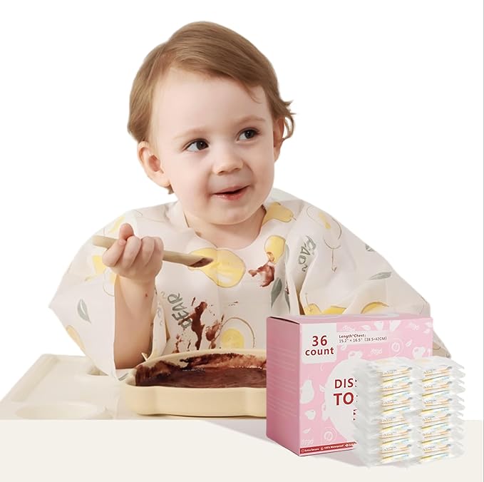 SauGonb Disposable Baby Bibs for Baby Boys and Girls - Long Sleeve Bib Individually Wrapped Waterproof Baby Bibs 16/36 pcs