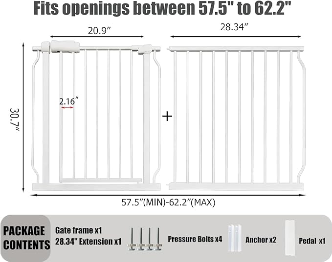 Extra Wide Baby Gate, 57.5-62 Inch - White Metal, Pressure Mounted Indoor Safety Gate, Walk-Through Dog Gate for Kids & Pets
