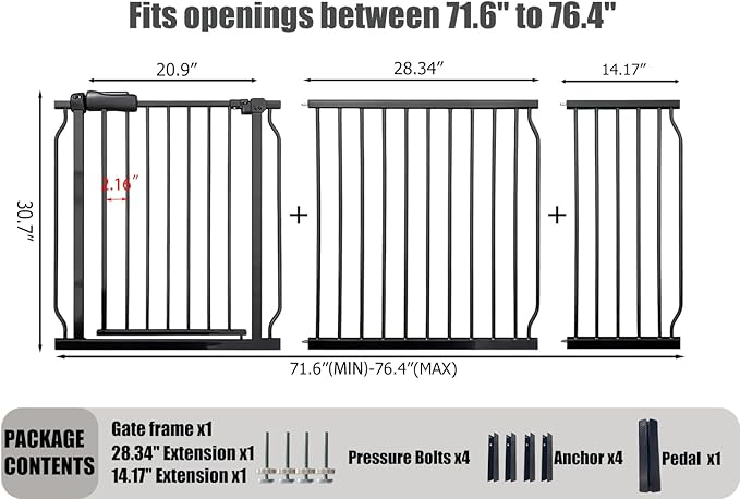 Extra Wide Baby Gates - 71.6-76.4 Inch, Black Metal Pressure Mounted Child & Pet Gates for Stairs & Doorways