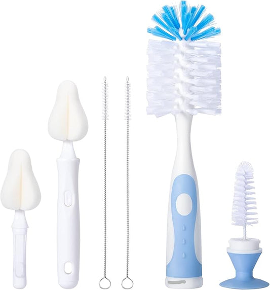 CAREBABYMORE Baby Bottle Brush Set with Nipple Cleaner and Suction, 10.2" Cleaning Brush and 6.5" Sponge Bottle Brush with A Replacement Brush Head and Two 6.7" Straw Brushes, Pack of 5 (Blue)