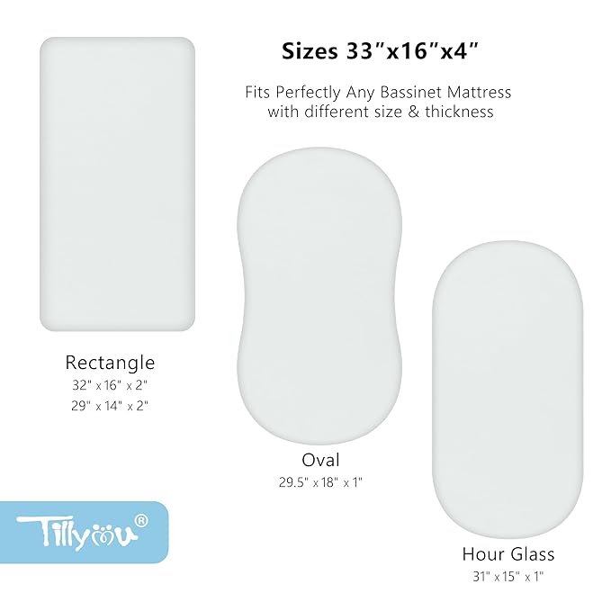 TILLYOU Baby Bassinet Sheets for Girls Boys 2 Pack Baby Sheets for Square Rectangle Oval Bassinet Mattress 33X16 Inch, Gray and Green