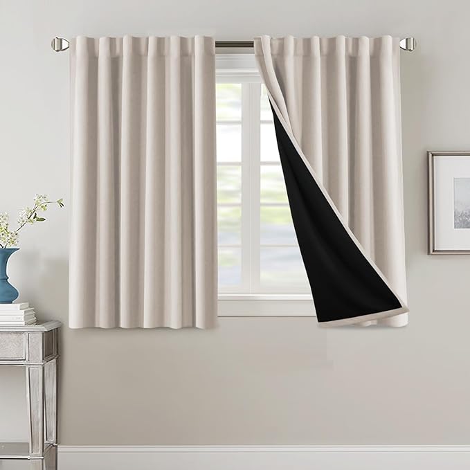 H.VERSAILTEX 100% Blackout Curtains for Bedroom with Black Liner Full Room Darkening Curtains 45 Inch Long Thermal Insulated Back Tab/Rod Pocket Window Drapes for Living Room, 2 Panels, Fog
