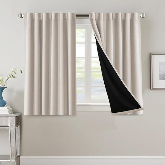 H.VERSAILTEX 100% Blackout Curtains for Bedroom with Black Liner Full Room Darkening Curtains 45 Inch Long Thermal Insulated Back Tab/Rod Pocket Window Drapes for Living Room, 2 Panels, Fog