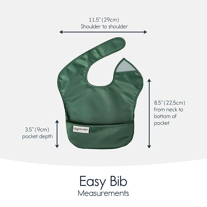 Tiny Twinkle Mess-Proof Baby Bibs for Eating | Waterproof, Wipeable Toddler Bibs with Catch-All Pocket | Feeding Bibs for Girls & Boys(3 Pack,Olive. Slate)