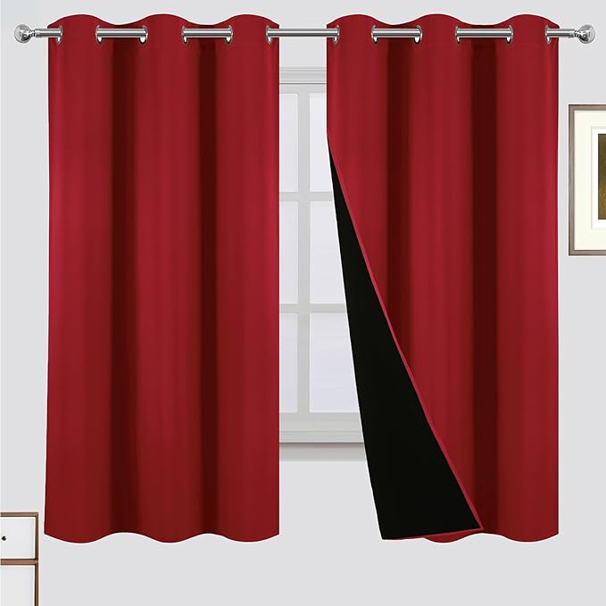 LEMOMO 100% Blackout Curtains 42 x 63 Inch Red Curtains 2 Panels Darkening Thermal Insulated Bedroom Curtains