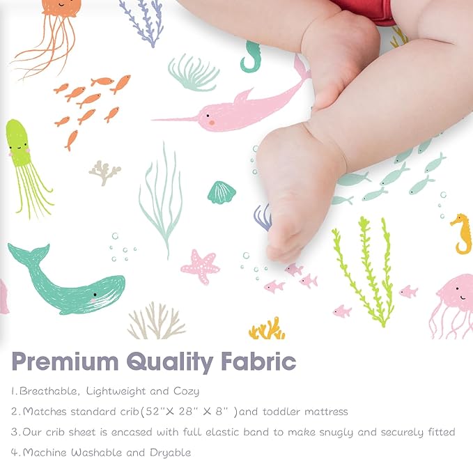 Bimocosy Crib Sheets 4 Pack, Baby Crib Sheets Fitted for Boys and Girls Breathable & Snug Fit, Soft Toddler Bed Sheets for Standard Crib Mattress Nursery Daycare Essentials, Ocean Friends