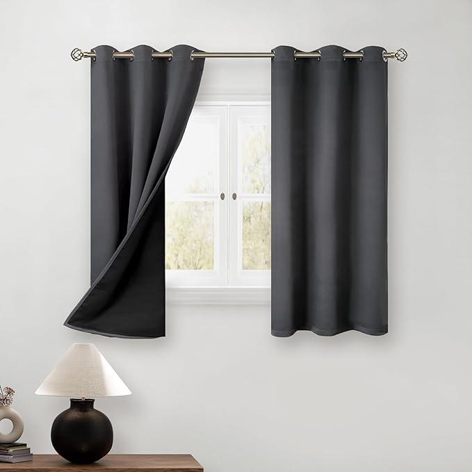 BGment Short 100% Blackout Curtains for Bedroom, Thermal Insulated Energy Efficiency Noise Reducing Grommet Curtains 54 Inch Length with Liner for Small Window 2 Panels Each 42 Inch Wide, Dark Grey