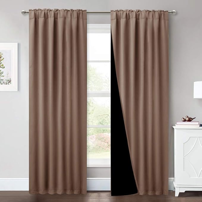 NICETOWN Complete Blackout Shades with Rod Pocket/Back Tab for Large Window, 100% Blackout Window Curtain Panels with Black Lined, 52 inches Width Each Panel, 95 inches Length, Cappuccino, 2 Pieces