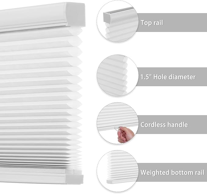 Changshade Cordless Light Filtering Cellular Shades for Indoor Windows Doors, Pull Down Honeycomb Blinds Thermal Insulated 1.5 Inch Accordion for Home, Bedroom, Bathroom, Nursey,23" W×64" H, White