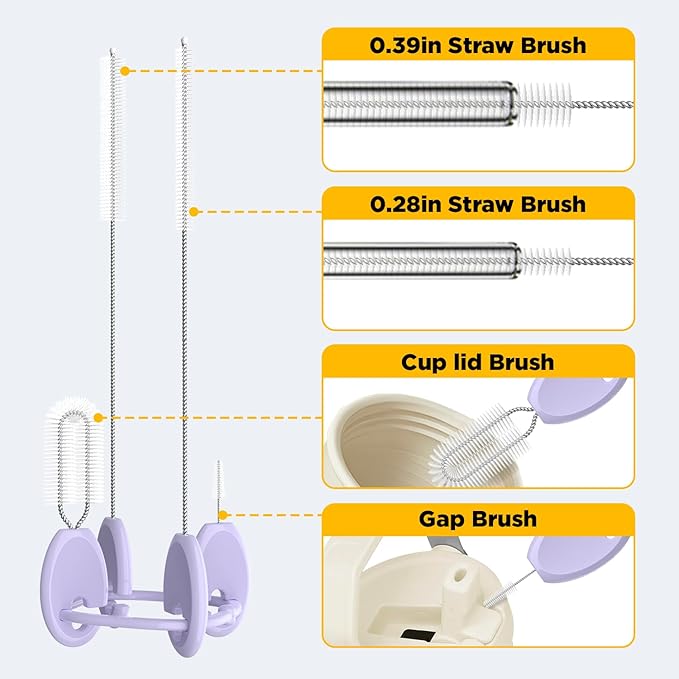 VOGOGE Straw Brush Set, 4 Piece Cleaner Kit with Standable Key Ring for Reusable Straws, Tumblers & Water Bottles – Designed for Kids & Adults, Purple