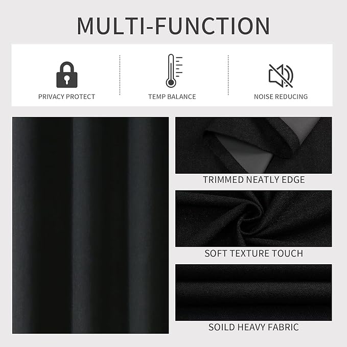 Joydeco Black Blackout Curtains 90 Inch Long 2 Panels Set, Faux Textured Linen Thermal Insulated Burlap Curtain & Drapes, Grommet Room Darkening Drapes for Bedroom Living Room