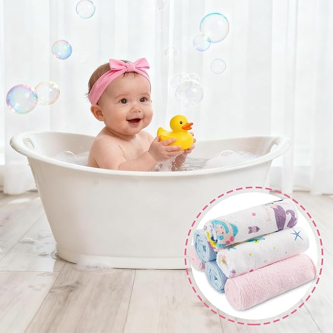 Baby Washcloths, 24Pack Baby Wash Cloths Extra Soft & Ultra Absorbent, Baby Towels and Washcloths Face Towels for Unisex Boys Girls Body, Washclothes Gentle on Sensitive Skin, 9x9 Mermaid