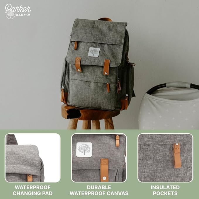 Parker Baby Co. Diaper Backpack - Large Diaper Bag with Insulated Pockets, Stroller Straps and Changing Pad -Birch Bag - Gray