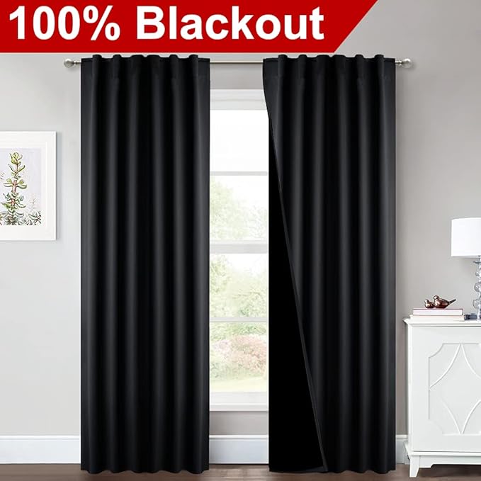 NICETOWN Black Full Shade Curtain Panels, Pair of Energy Smart & Noise Blocking Out Blackout Drapes for Sliding Glass Door, Thermal Insulated Guest Room Lined Window Dressing (Black, 52 x 84 inch)