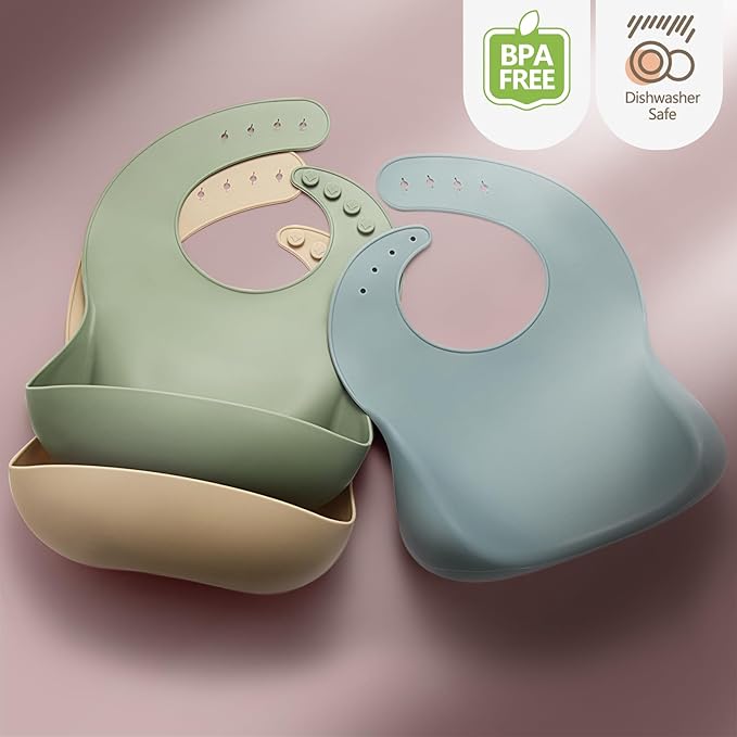 Eascrozn Silicone Bibs for Babies Toddler Set of 3, BPA Free, Soft Adjustable Waterproof Bibs for Feeding Essentials