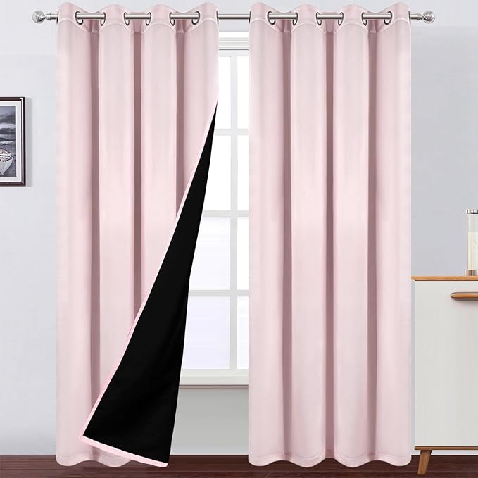 LEMOMO 100% Blackout Curtains 52 x 84 Inches Long Thermal Insulated Baby Pink Curtains with Black Liner Set of 2 Panels for Nursery Room