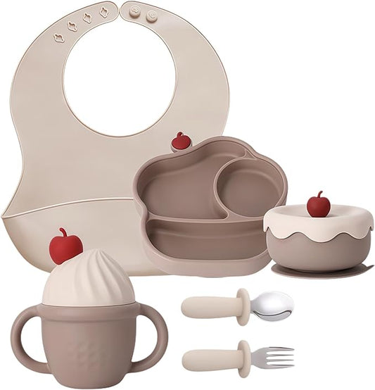 COZY ROCK Silicone Baby Feeding Set, Gelato Collection Baby Led Weaning Supplies, First Self-Feeding Set with Silicone Suction Bowl & Plate, Straw Cup & Bib, Fork & Spoon