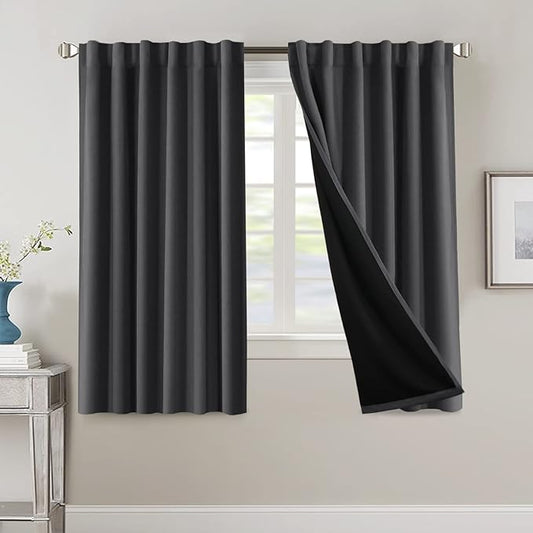 H.VERSAILTEX 100% Blackout Curtains for Bedroom with Black Liner Full Room Darkening Curtains 63 Inch Long Thermal Insulated Back Tab/Rod Pocket Window Drapes for Living Room, 2 Panels, Charcoal Grey