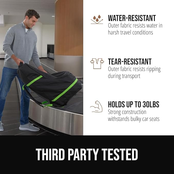 GORILLA GRIP Tear and Water Resistant Padded Car Seat Travel Bag for Airplane and Airport, Universal Fit Baby Carseat Bags, Handle & Shoulder Straps, Air Gate Check Toddler Stroller Carrier, Green