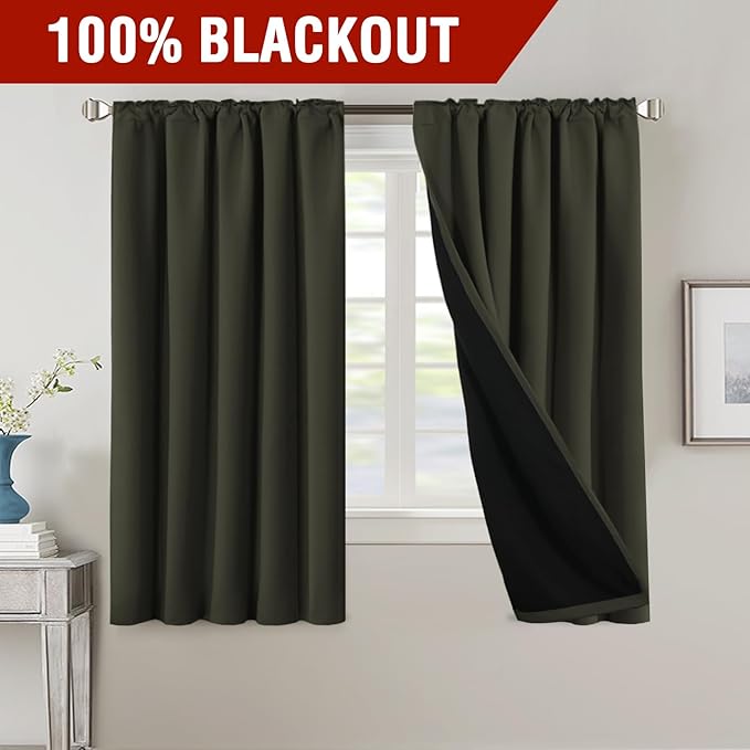 H.VERSAILTEX 100% Blackout Curtains for Bedroom with Black Liner Full Room Darkening Curtain Thermal Insulated Back Tab/Rod Pocket Window Drapes for Living Room, 2 Panels, 42 x 63 Inch, Olive