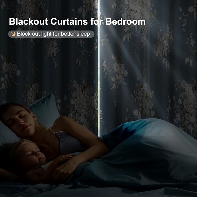 Blackout Curtains for Bedroom 84 Inch Long 2 Panels Set, Haze Blue Floral Grommet Winter Black Out Curtains for Living Room, Room Darkening Thermal Insulated Soundproof Window Drapes, Maintain Privacy