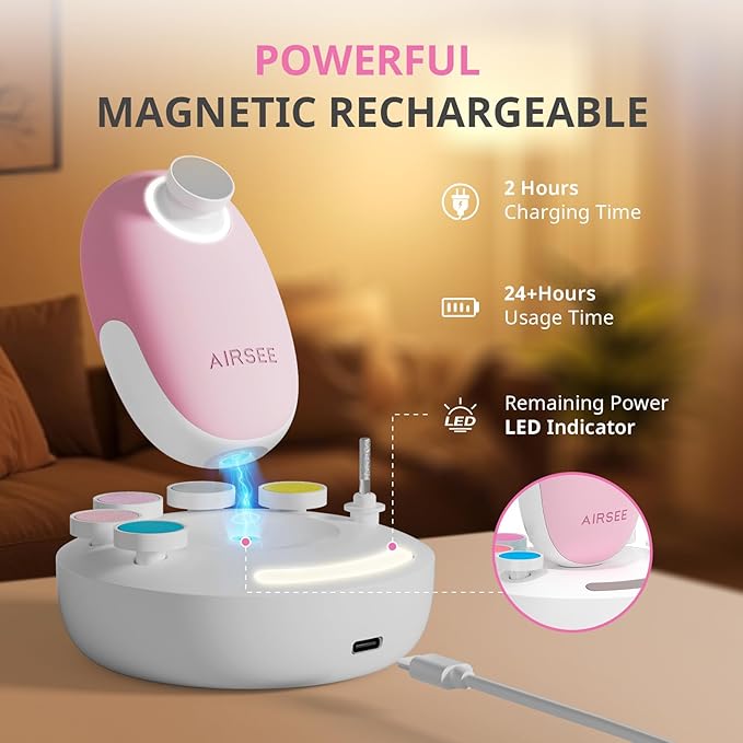 AIRSEE Premium Newborn Gift, Electric Baby Nail File, Cordless Safe Infant Nail Trimmer with 6 Replacement Pads, Magnetic Rechargeable Base, 360° LED Light, Baby Grooming Kit Gift (Candy Pink)