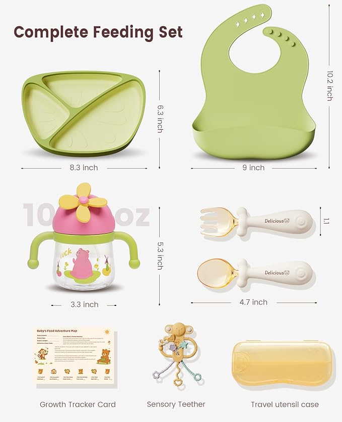 EMOJOY Silicone Baby Feeding Set, Toddler Plates Set 8 PCS – Suction Plate, Spoons, Forks, Bibs and Sippy Cups, Baby Led Weaning Essential, BPA-Free Baby Dishes & Utensils, Dishwasher Safe