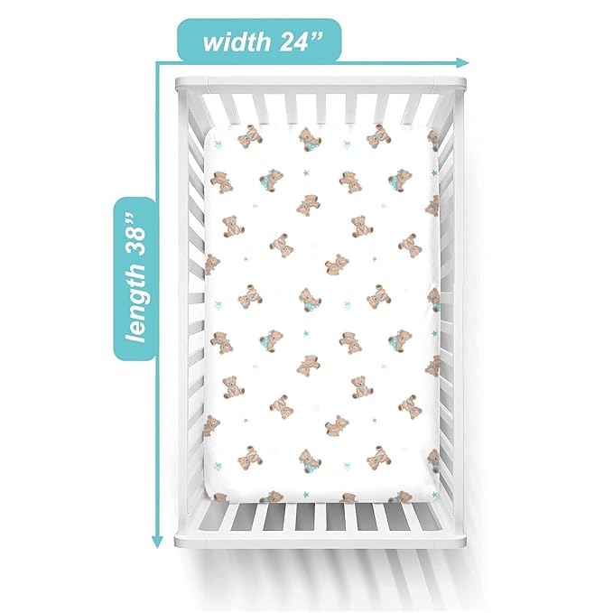 American Baby Company 2 Pack 100% Natural Cotton Fitted Mini Crib Sheets 38" x 24" - Soft & Breathable Small Nesting Portable Sheets, Fits Pack N Play Mattresses, Bear and White, for Boys & Girls