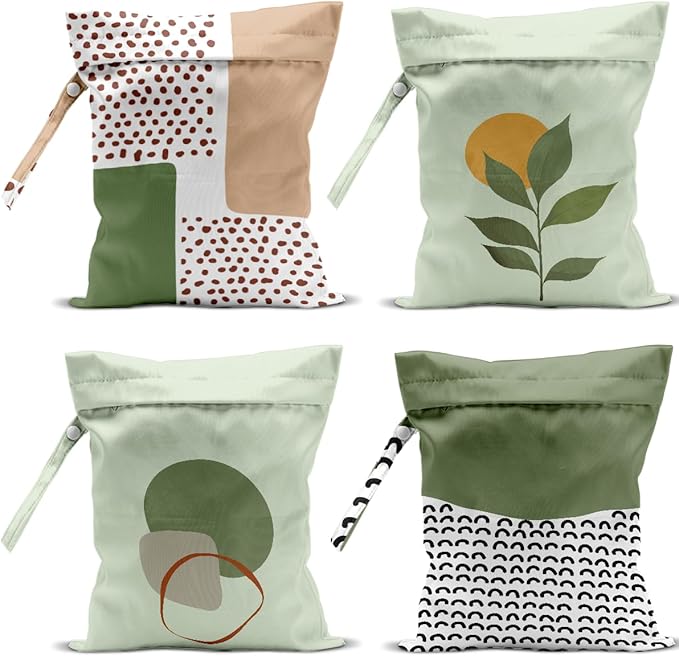 4 Pack Boho Green Abstract Botanical Wet Bag Waterproof Washable Reusable Wet Dry Bag for Swimsuit Dirty Clothes Diaper Travel Beach Pool Gym Camping Toiletries Beach Essentials，Modern Nordic Style