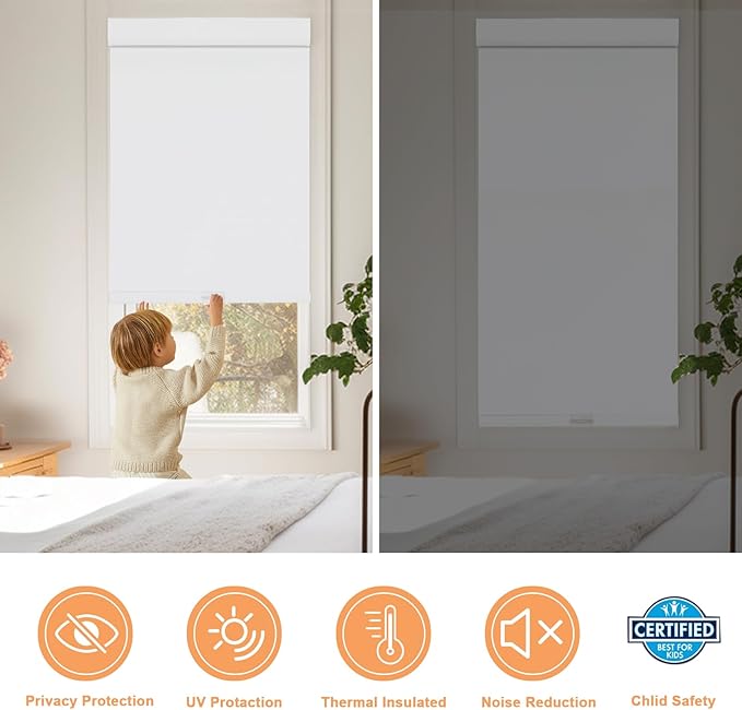 Persilux No Drill No Tools 100% Blackout Blinds for Window Blinds Cordless Roller Shades (White, 47" W x 72" H) Thermal Insulated UV Protection Privacy Roller Blinds for Home Bedroom Easy to Install